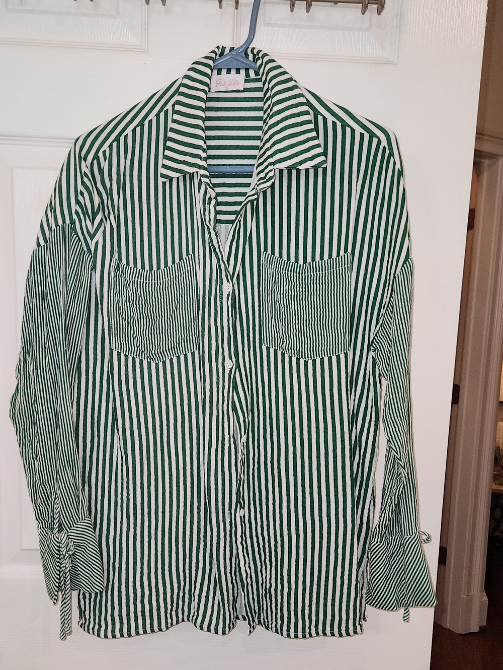 Pink Lily Green and White Stripe Button-Down Shirt Gauze Type Material. New